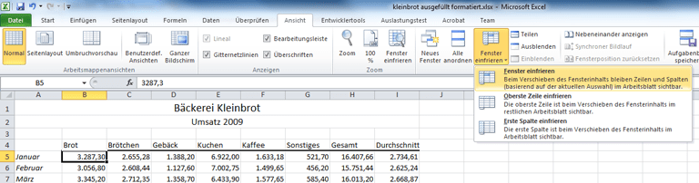 Fenster fixieren in Excel 2010