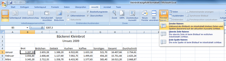 Fenster fixieren in Excel 2007
