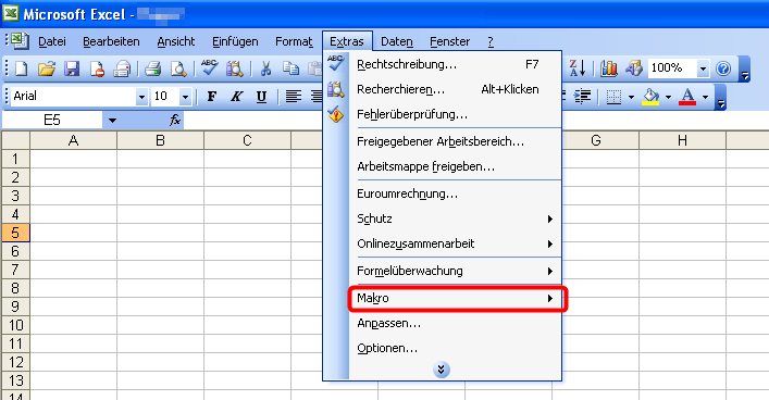 Start zur Aufzeichnung in Excel 2003