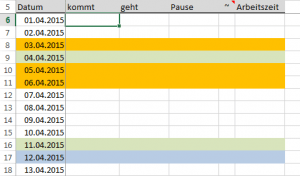 Wochenenden unf Feiertage sind farblich markiert