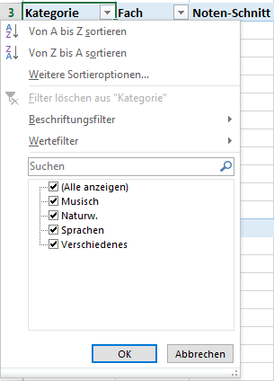 Auswahl-Möglichkeit für die Kategorien