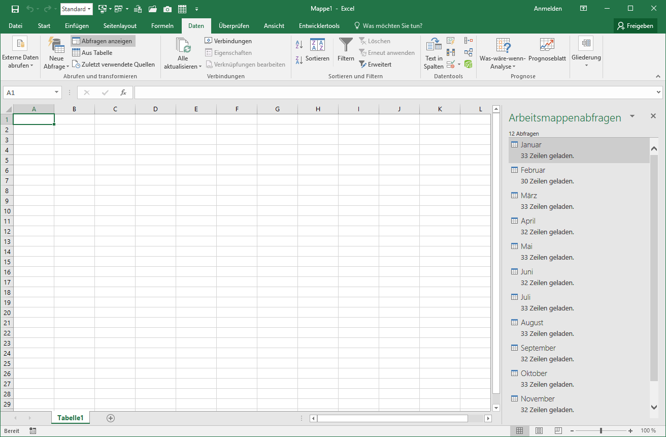 Nach dem Import aller 12 Monate (Excel 2016)