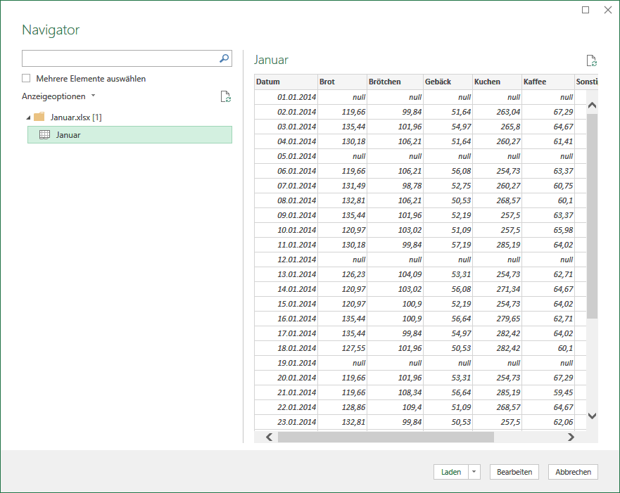 Vorschau der Daten beim Import