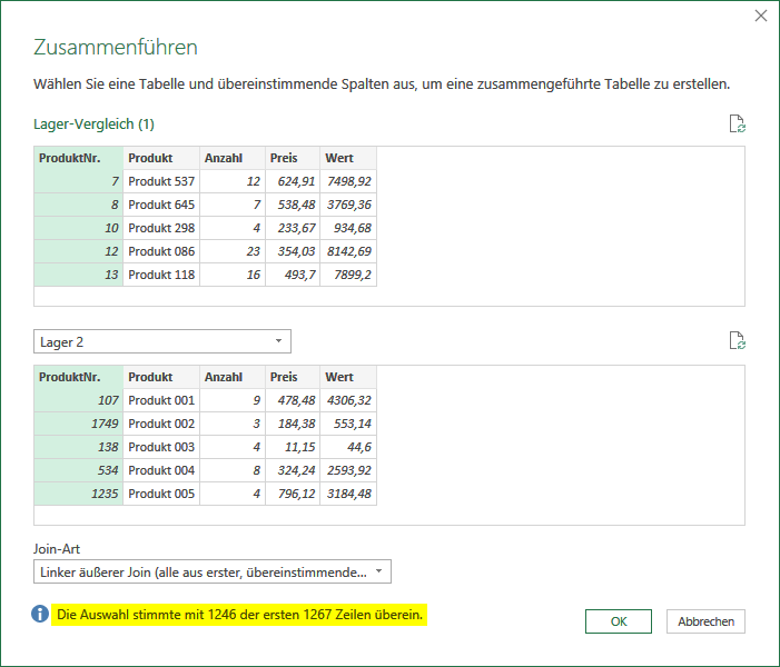 Die beiden Schlüssel-Spalten sind markiert und eine Information über die Anzahl übereinstimmender Schlüsselbegriffe wird angezeigt