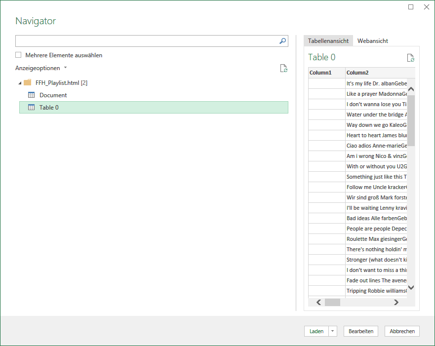 Vorschau der Daten im Navigator