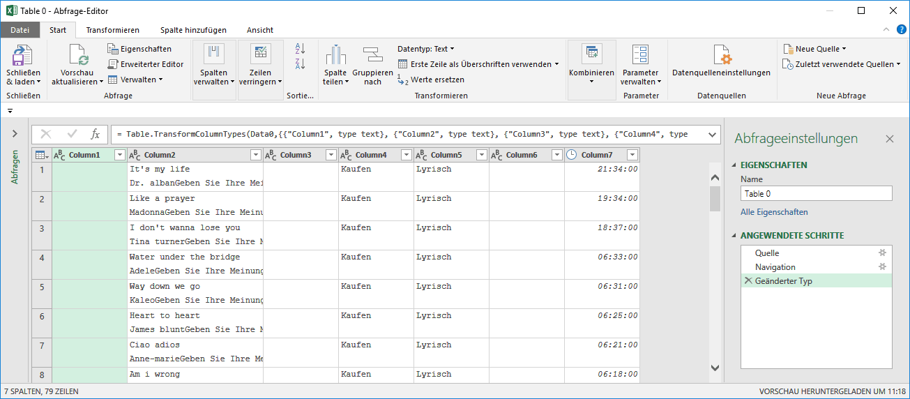 Die importierten Daten im Abfrage-Editor, bereit zur Bearbeitung