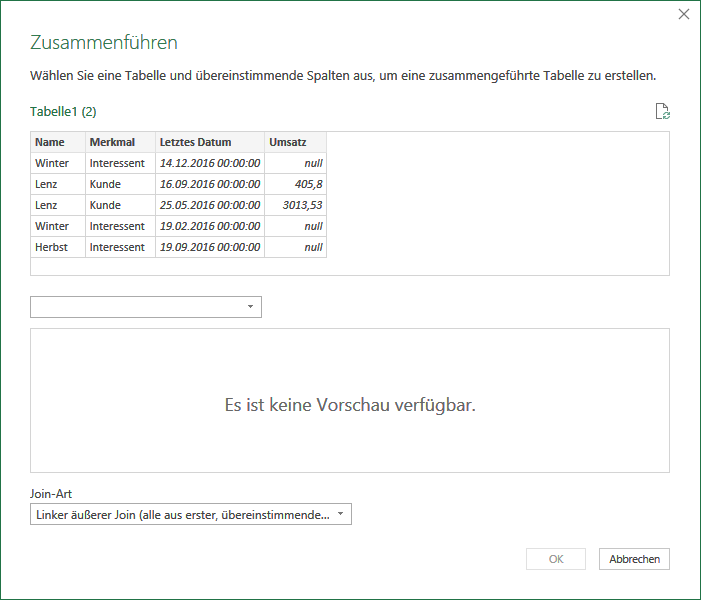 Der erste Schritt zum zusammenführen von Abfragen